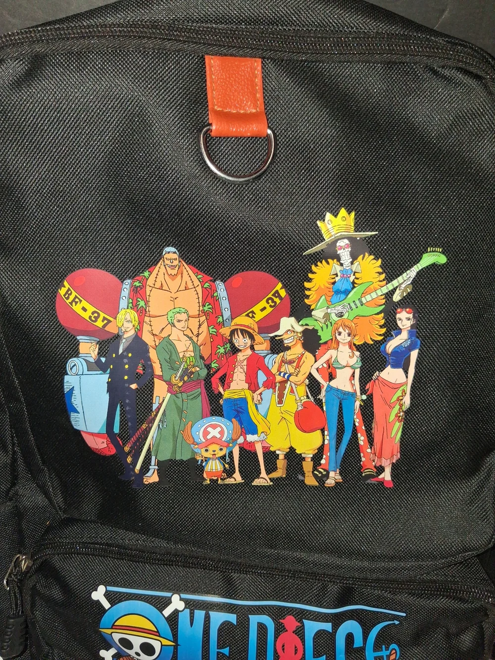 Onepiece Black Backpack with Brown Trim and Colorful Crew Print